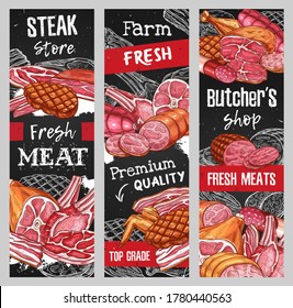 Meat food vector sketch blackboard banners with beef sausages, pork ham, bacon and salami, barbecue steaks, chicken wings, lamb roast and bbq turkey leg. Butcher shop, restaurant grill menu design