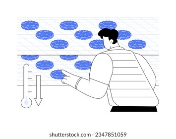 Meat freezing abstract concept vector illustration. Worker putting burger patties in large fridge, food processing industry, meat products freezing, semi-finished products abstract metaphor.
