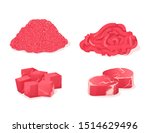Meat fresh steaks cartoon set. Assortment of meat slices of dish. Minced meat smoked in meat grinder, sliced fillet, chopped stewed cubes and pieces of steak. Vector illustration.