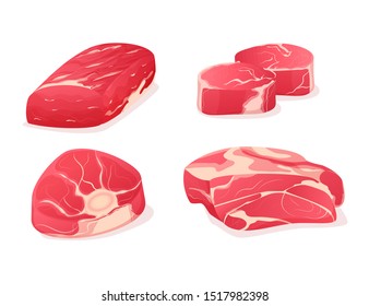 Meat fresh steaks cartoon set. Assortment of meat slices of dish. Fresh steaks, cuts from the thigh, abdomen, as well as boneless fillet. Vector illustration.