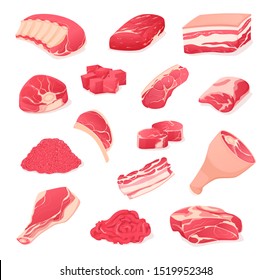 Meat fresh steaks cartoon set. Fragments of pork and beef. Assortment of meat slices of dish is beef, pork, steak, boneless ridge, whole leg, roast, brisket, ribs, rustic brisket, minced, cubes vector