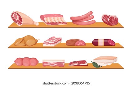 Meat fresh steaks meat delicatessen cartoon set. Sausages, smoked cervelat, meat steak for barbeque, salami, home-made bacon, meatloaf, bacon fillet, fried chicken, pork belly, beef shank vector