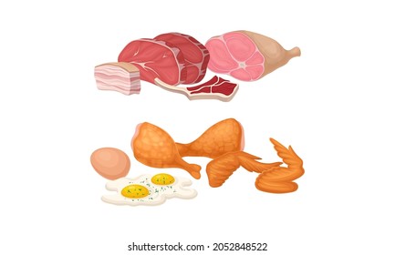Meat with Fried Chicken Leg and Scrambled Egg and Beef Slab Vector Set