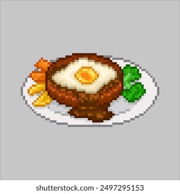 meat with fried egg and vegetables, pixel art food