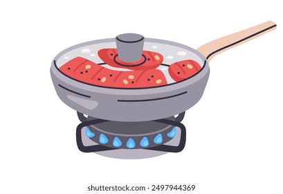 Carne frita en sartén. Cocinar carne o pescado rojo en la estufa, delicioso plato en el quemador de gas, preparación de alimentos en la Ilustración vectorial plana de la estufa. Cena o almuerzo de cocina