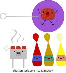 meat is fried on the grill a piece of pork screams with fear of lying on a plate next to a sharp skewer funny laughing cartoon characters various seasoning objects on a white background food and cooki