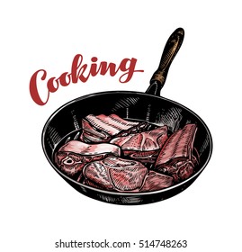 Meat in frying pan. Cooking vector illustration