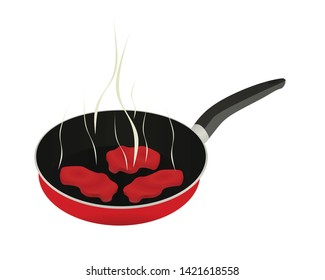Meat frying in pan. vector illustration