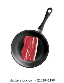 Meat frying in pan. vector illustration