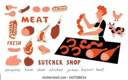 Meat funny doodle set. Cute cartoon woman, food market seller with fresh farm products. Hand drawn vector illustration with lettering. Isolated on white.
