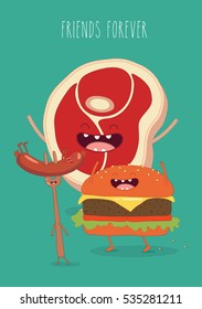 Meat, funny steak, fast food, sausage, hamburger. Vector illustrations. Use in the menu, in the shop, in the bar, the card or stickers.