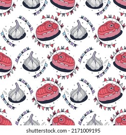 Carne y ajo. Patrón sin brillo en un fondo blanco. Ilustración vectorial de corte.