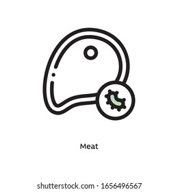 Gérmenes de la carne, bacterias patógenas o virus vectores planos icono para aplicaciones de investigación científica y sitios web, icono de fondo blanco esbozado en negro