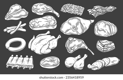 Set für Zifferblattsymbole. Briefmarken der Metzgerei-Einkaufskollektion mit kompletten Hühner- und Drummstöcken, geräucherten Würsten und Prosciutto-Scheiben, rohen Rindfleisch- und Schweinesteaks, gemahlene Fleisch-Vektorgrafik.