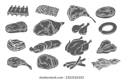 Fleischsymbole setzen Vektorgrafik. Stempelmarken der Fleischwarenmarken mit ganzen Hühnern und Drummstöcken, rohen Rind- und Schweineheaks, geräucherten Würsten und Prosciutto-Scheiben, Fleisch aus gemahlenen Fleischereien