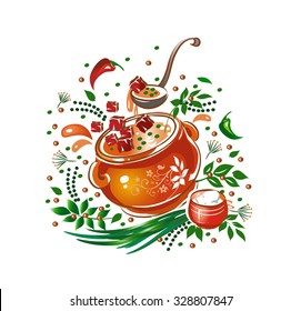 Meat goulash, herbs, and spices. Vector illustrations.