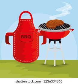 meat grill with bbq preparation and apron