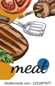 Meat and grill food banner or card template with hand drawn grilled and fried steaks and shashlik, colored engraving vintage style vector illustration.