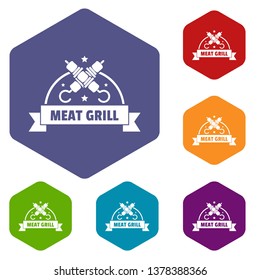 Meat grill icons vector colorful hexahedron set collection isolated on white 