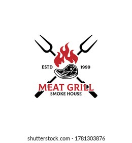 Meat Grill smoke house logo design template, Grill and Bar with fire, meat, grill fork
