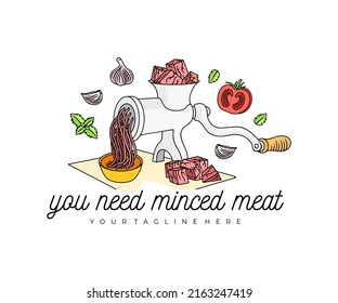 Meat grinder grind meat into mince meat, logo design. Food, meal, vegetables, herbs, butcher shop and catering, vector design and illustration