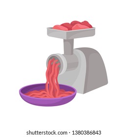 Meat grinder grinds the pieces of meat. Vector illustration.