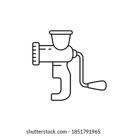 Meat grinder or household chopper. Linear icon of manual mincer. Black simple illustration of hand sausage stuffer. Contour isolated vector pictogram on white background