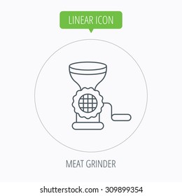 Meat grinder icon. Manual mincer sign. Kitchen tool symbol. Linear outline circle button. Vector