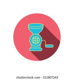Meat grinder icon. Manual mincer sign. Kitchen tool symbol. Red flat circle button. Linear icon with shadow. Vector