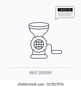 Meat grinder icon. Manual mincer sign. Kitchen tool symbol. Linear outline icon. Speech bubble of dotted line. Vector