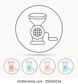 Meat grinder icon. Manual mincer sign. Kitchen tool symbol. Linear circle icons.