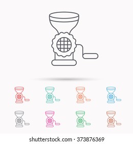 Meat grinder icon. Manual mincer sign. Kitchen tool symbol. Linear icons on white background.