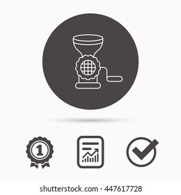 Meat grinder icon. Manual mincer sign. Kitchen tool symbol. Report document, winner award and tick. Round circle button with icon. Vector