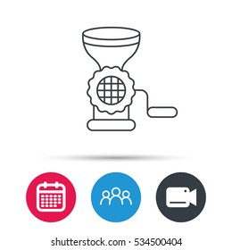 Meat grinder icon. Manual mincer sign. Kitchen tool symbol. Group of people, video cam and calendar icons. Vector