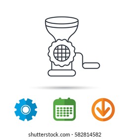 Meat grinder icon. Manual mincer sign. Kitchen tool symbol. Calendar, cogwheel and download arrow signs. Colored flat web icons. Vector