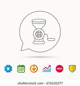 Meat grinder icon. Manual mincer sign. Kitchen tool symbol. Calendar, Graph chart and Cogwheel signs. Download and Shield web icons. Vector
