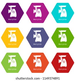 Meat grinder icons 9 set coloful isolated on white for web