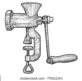 Meat grinder illustration, drawing, engraving, ink, line art, vector