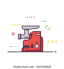 Meat grinder machine vector. Kitchen mixer machine for minced meat. Red modern electric kitchen appliance. Restaurant kitchen equipment. Line style vector illustrations with thick lines.