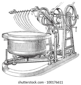 Meat grinder machine / vintage illustration from Meyers Konversations-Lexikon 1897