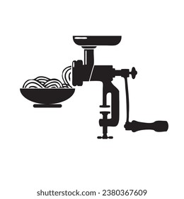 Meat grinder with prepared minced meat in a bowl