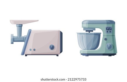 Meat Grinder and Stand Mixer as Home or Household Electric Appliance Vector Set