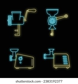 Meat grinder tool icon set. Outline set of meat grinder tool vector icons neon color on black