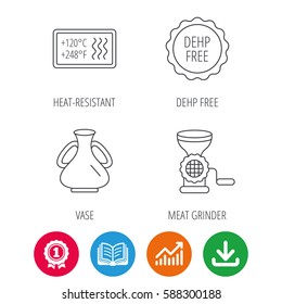 Meat grinder, vase and heat-resistant icons. DEHP free linear sign. Award medal, growth chart and opened book web icons. Download arrow. Vector