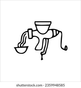 Meat grinder. Vector black and white hand-drawn illustration. Silhouette, icon, logo, sketch, template, doodles.