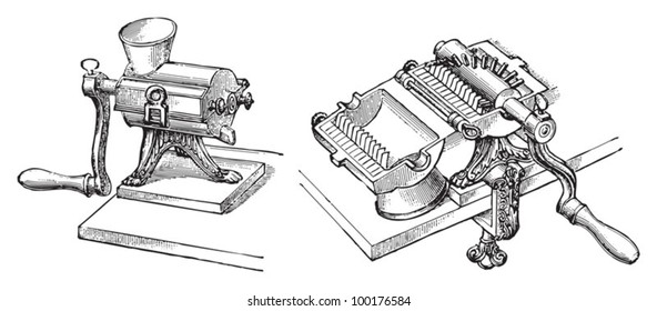 Meat grinder / vintage illustration from Meyers Konversations-Lexikon 1897