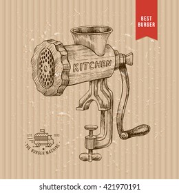 Meat grinder. Vintage kitchen equipment. Engraved illustration. Vector illustration