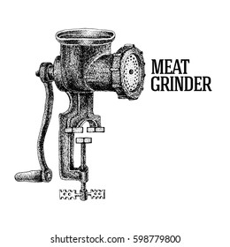 Meat grinder. Vintage kitchen equipment. Engraved illustration. Vector illustration