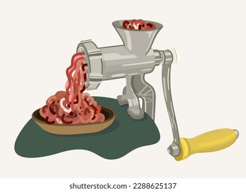 Meat gringer and bowl with mincemeat. Vector illustration isolated on light background.