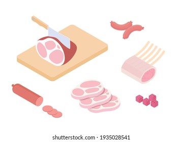 Meat and ham set, butcher shop. Isometric vector illustration in flat design.